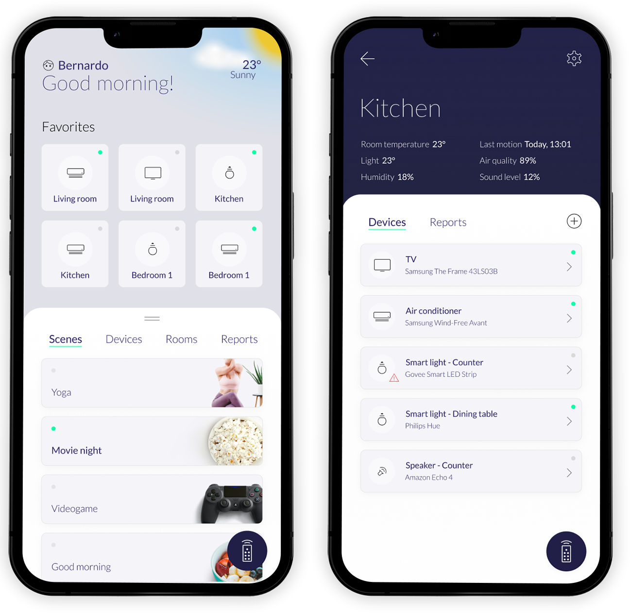 Two phone screens: the home screen with room favorites and scenes, and a room detail view listing the kitchen's connected devices