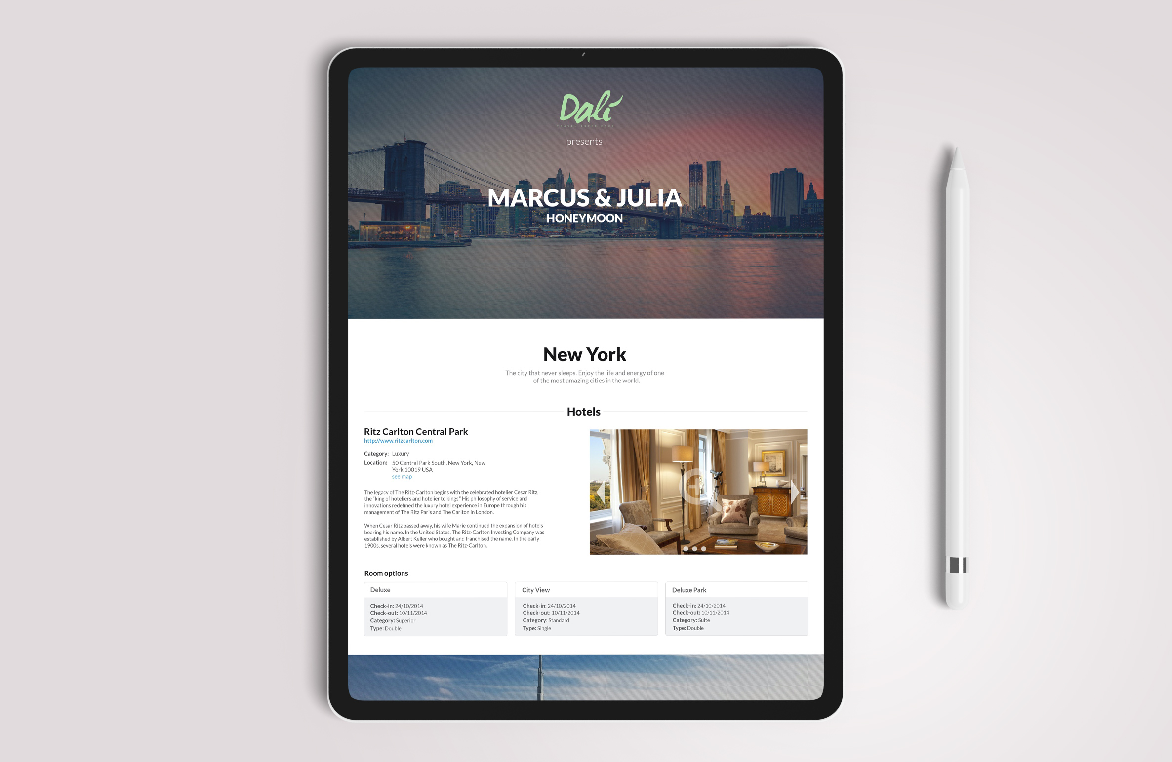 The Dalí trip-planning interface running on an iPad