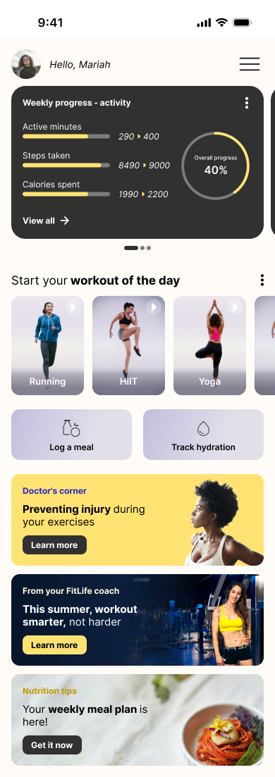 FitLife home screen: weekly progress card, workout of the day, meal and hydration logging, and guidance cards from a doctor, a coach, and a nutritionist