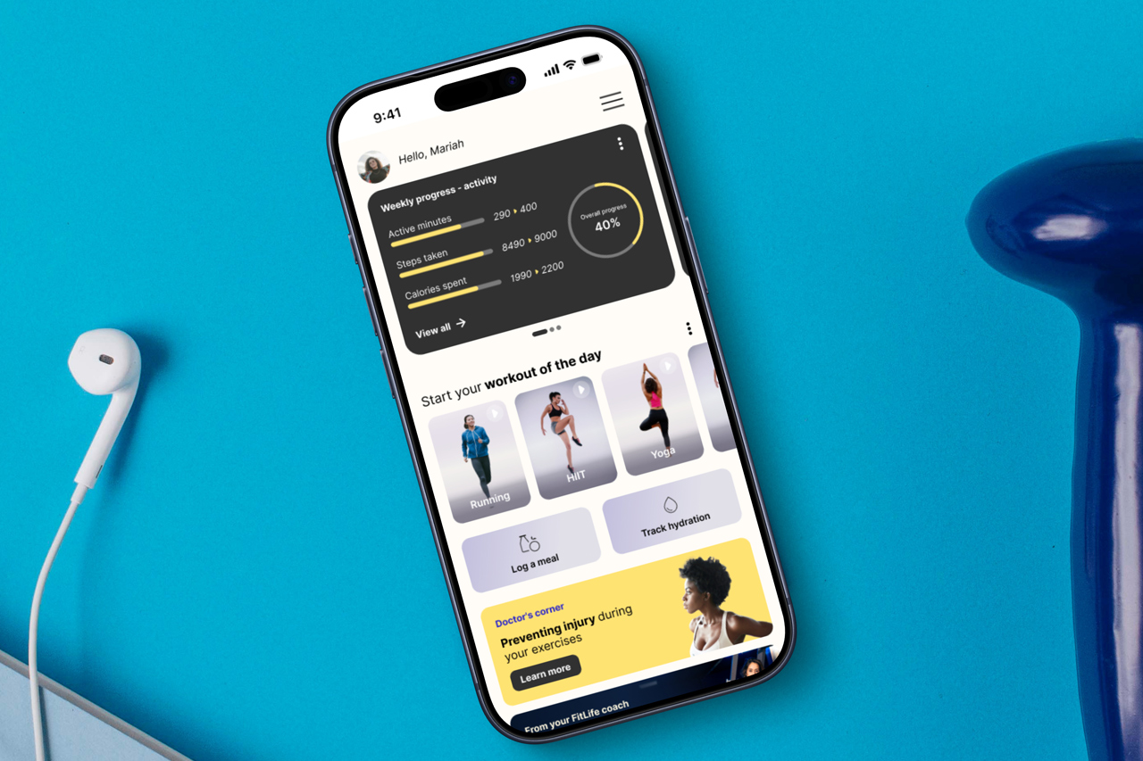 FitLife fitness app home screen on an iPhone