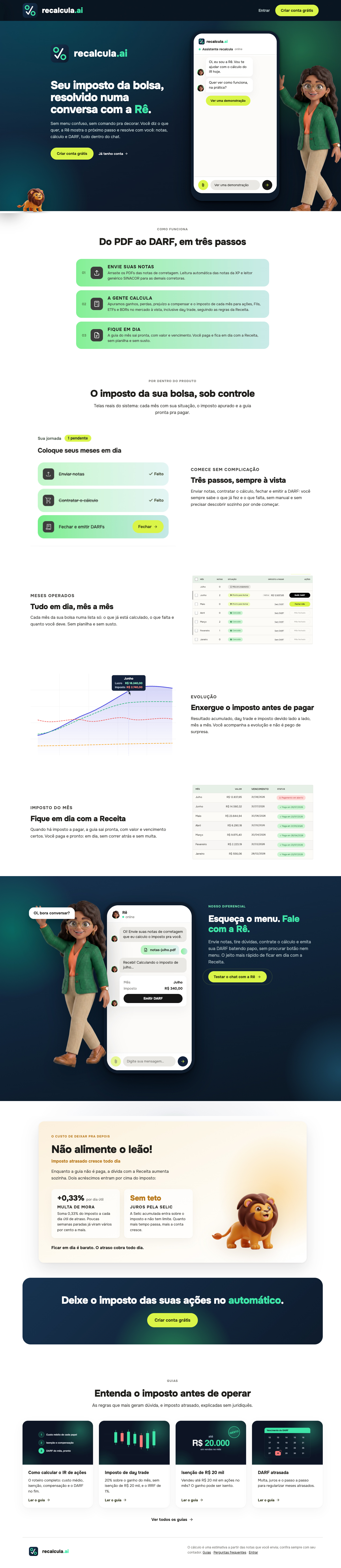 The public recalcula.ai homepage, from the chat hero to the tax penalty explainer