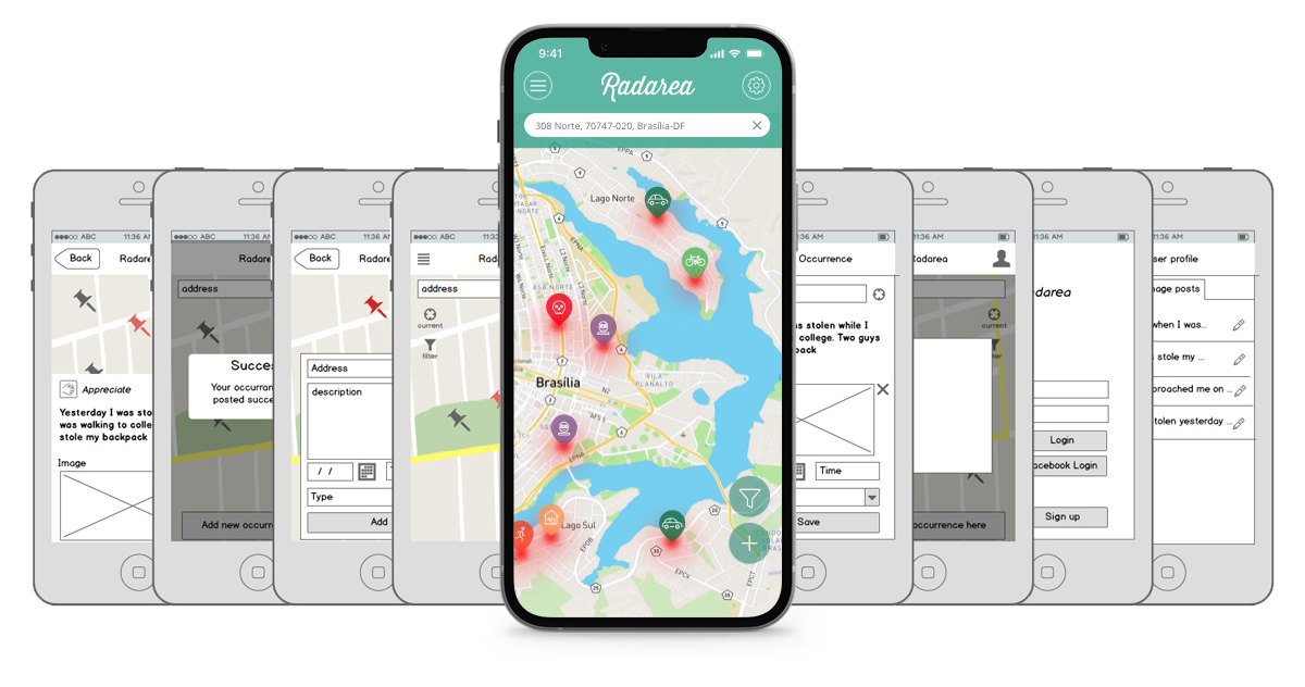 Radarea low-fidelity wireframes: map, occurrence report form, login, and user profile screens